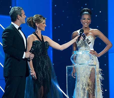 Hosts Andy Cohen and Natalie Morales with Leila Lopes, Miss Universe 2011
