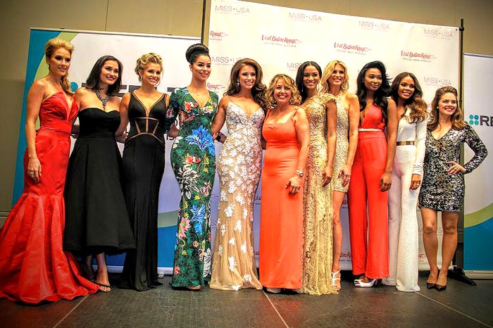 Judges: (pictured left to right) Tara Conner-Miss USA 2006, Brook Lee-Miss Universe 1997, Danielle Doty, Miss Teen USA 2011, Rima Fakih-Miss USA 2010, Nia Sanchez-Miss USA 2014, Paula Shugart Allison-MUO president, Leila Lopes Umenyiora-Miss Universe 2011, Michelle McLean Bailey-Miss Universe 1992, Nana Meriwether-Miss USA 2012, Crystle Stewart-Miss USA 2008, Kimberly Pressler-Miss USA 1999